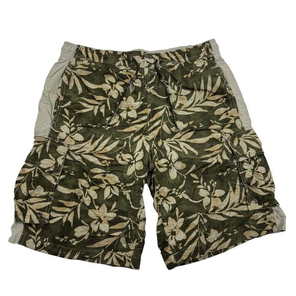 Eddie Bauer Green Floral Swim Trunks Cargo Pockets Drawstring Mesh Lined Sz M - Picture 1 of 10